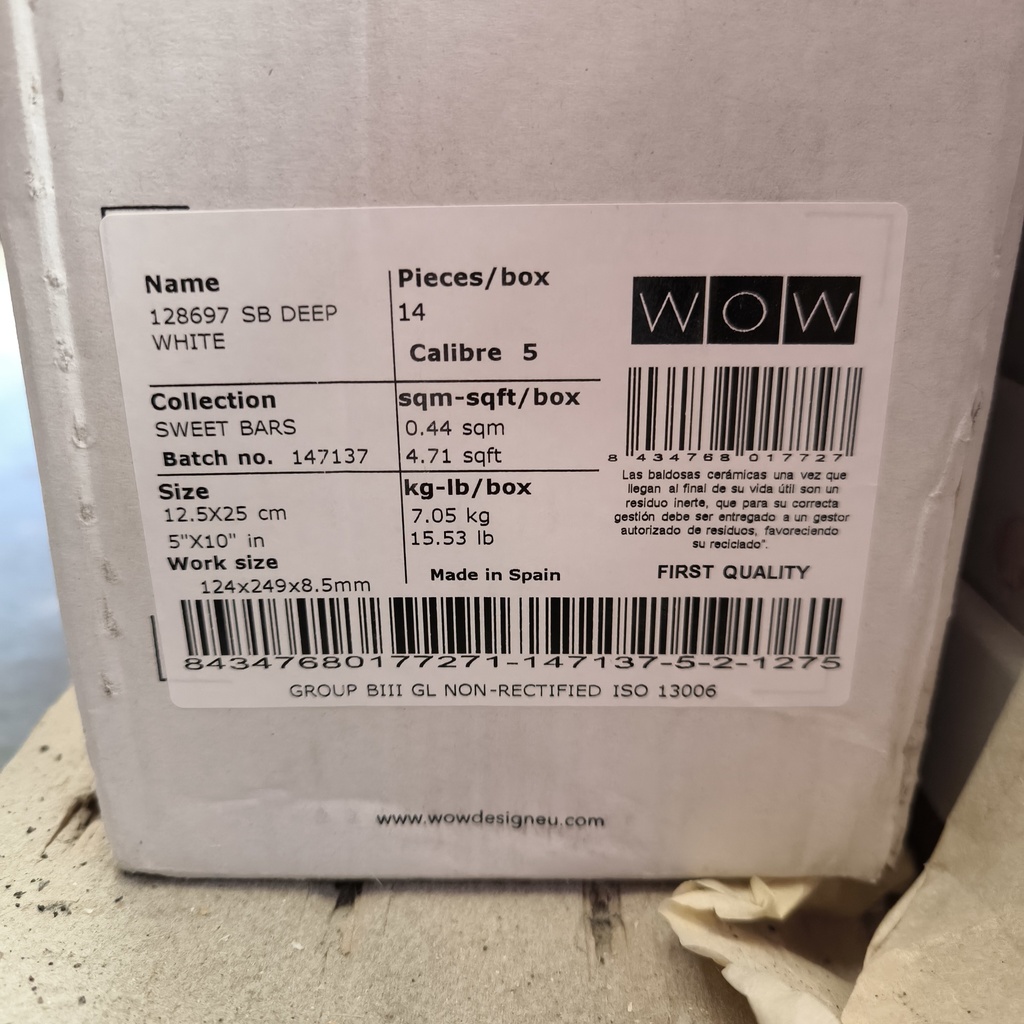 Lot Carrelage Blanc Brillant - 3.9m² - 250 x 125 x 9mm