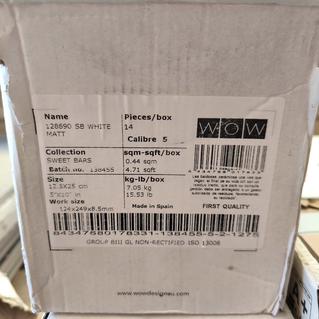 Lot Carrelage Blanc Mat - 0.8m² - 250 x 125 x 9mm