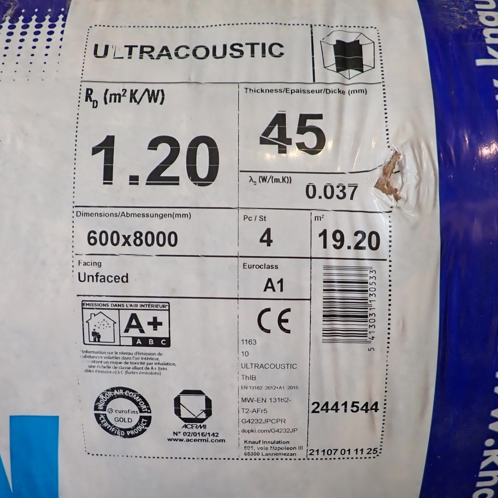 Rouleau Laine De Roche Acoustique - 8 x 0.6m - 45mm
