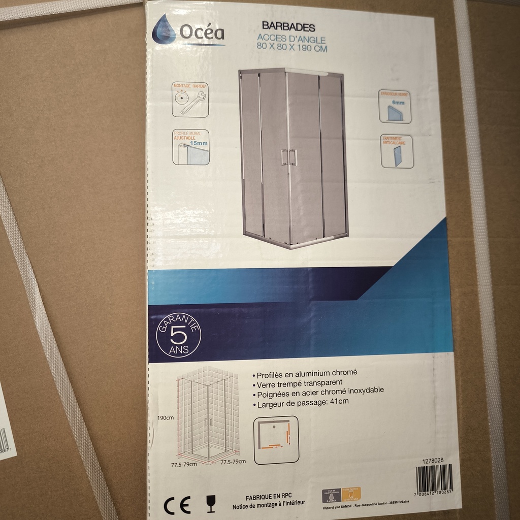 Paroi De Douche Accès D'Angle BARBADES OCEA - 190 x 80 x 80cm