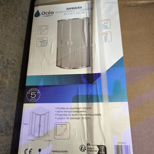 [260708MAJ013] Paroi De Douche Accès D'Angle Quart De Rond BARBADES OCEA - 190 x 80 x 80cm